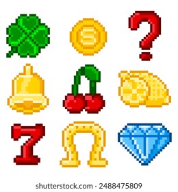 Vektor-Icons für Casino-App. Früchte und Glückssymbole. Vektorgrafik Pixel Art Illustration im 8-Bit alten Stil.