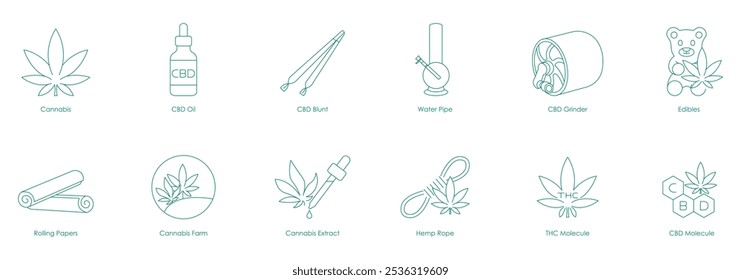 Ícones vetoriais para óleos de CBD e acessórios de cannabis