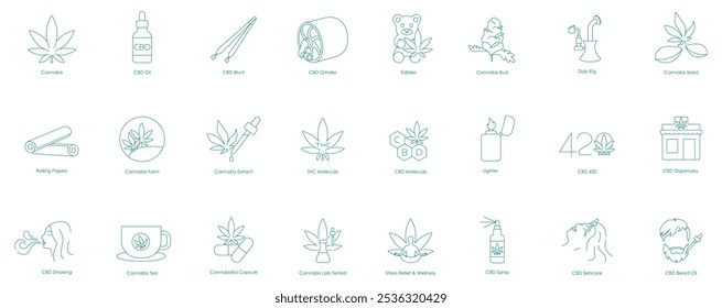 Ícones vetoriais para óleos de CBD e acessórios de cannabis