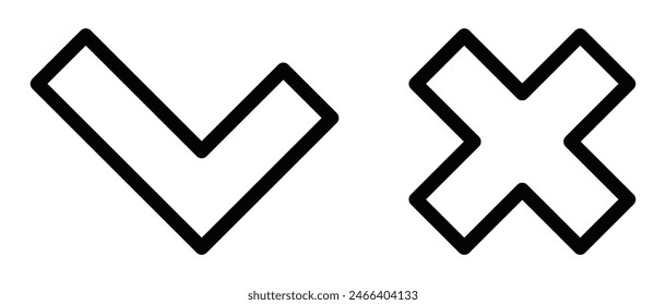 Iconos vectoriales de una marca de verificación y una marca cruzada, perfectos para temas de Comentarios y validación, en un diseño en blanco y negro limpio. Trazo editable.