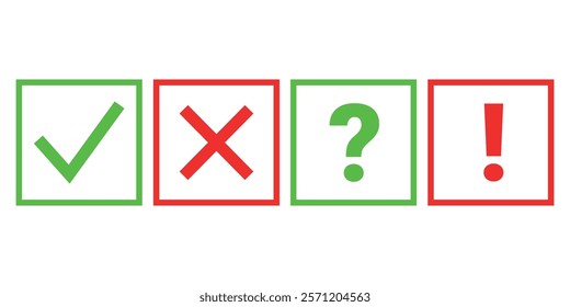 Vector icons of check mark, cross, question mark and exclamation mark with square outline