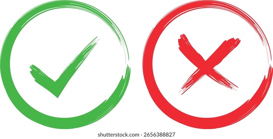 Iconos vectoriales de la marca de verificación y los símbolos de la cruz, la garrapata verde y la X roja para votar, elección, Aprobación y toma de decisiones