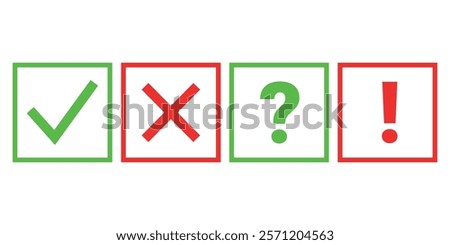 Vector icons of check mark, cross, question mark and exclamation mark with square outline