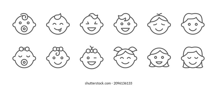 Vector icons of children of different ages, from infant to teenager different gender. Emoticon of life cycle: baby, child, young, adult.