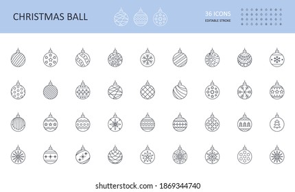 Vector icons of Christmas balls. New Year's toys set. Editable stroke. Hanging ball with different patterns, snowflakes christmas tree stars