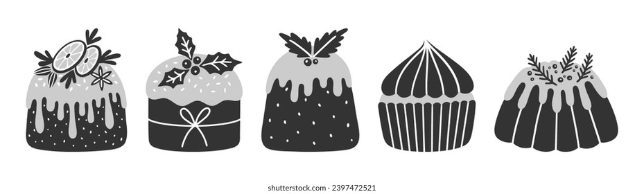 Vector icons of Christmas cakes, and cupcakes. Illustration of holiday desserts, decorated with icing, and berries. Set of black silhouettes with gray and white ornaments of homemade birthday baking.