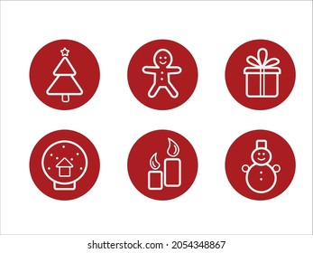 Vector icons of Christmas theme (Christmas tree, gingerbread man, gift, snow globe, candles, snowman)
