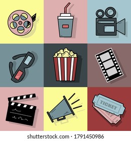 vector icons for cinema - popcorn, tickets, camera, film