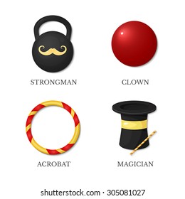 Vector icons circus artists, strongman, acrobat, magician, clown isolated on white background