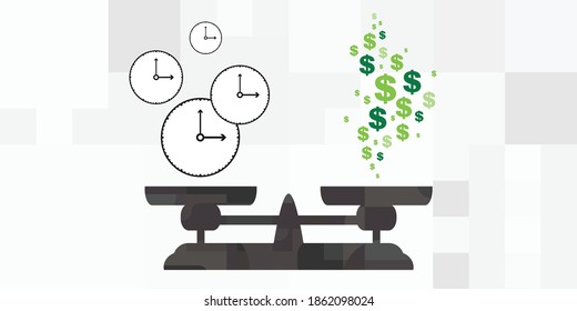 iconos vectoriales de reloj y dinero en escala de haz para medir recursos valiosos en el negocio