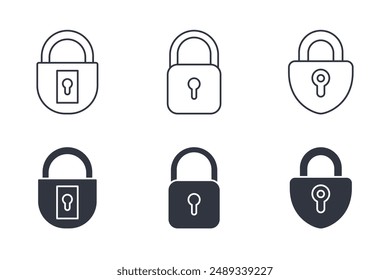 Iconos vectoriales de bloqueo cerrado. Control de acceso, seguridad en el hogar, Configuraciones de secreto. Símbolo de accesibilidad, información cerrada abierta. Línea fina de trazo editable y signo de conjunto de glifo.