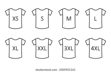 Vector icons clothing size guide. T-shirt with sizes from XS to 4XL. Editable stroke thin line black set. Symbols small, medium, large type in sewing and selling clothes.