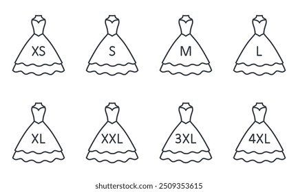 Vector icons clothing size guide. Dress with sizes from XS to 4XL. Editable stroke thin line black set. Symbols small, medium, large type in sewing and selling clothes.