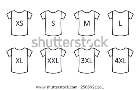 Vector icons clothing size guide. T-shirt with sizes from XS to 4XL. Editable stroke thin line black set. Symbols small, medium, large type in sewing and selling clothes.