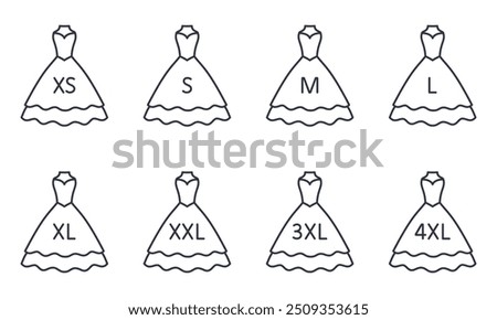 Vector icons clothing size guide. Dress with sizes from XS to 4XL. Editable stroke thin line black set. Symbols small, medium, large type in sewing and selling clothes.