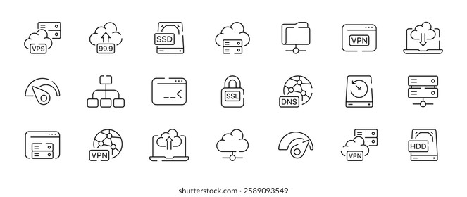 Vector icons of cloud computing and network services in line art style. Linear vector