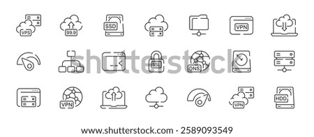 Vector icons of cloud computing and network services in line art style. Linear vector