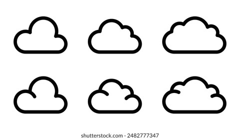 Vector icons of clouds, representing weather, nature, and sky themes. Simple black and white design. Editable stroke.