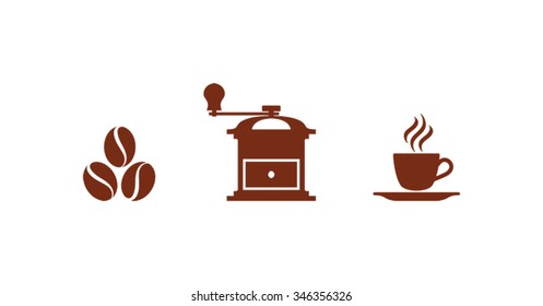 vector icons of coffee, coffee beans, cup, coffee grinder