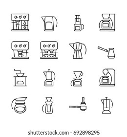 Vector icons of coffeemakers in the style of minimalism. Light line symbols of machines for coffee for your design.