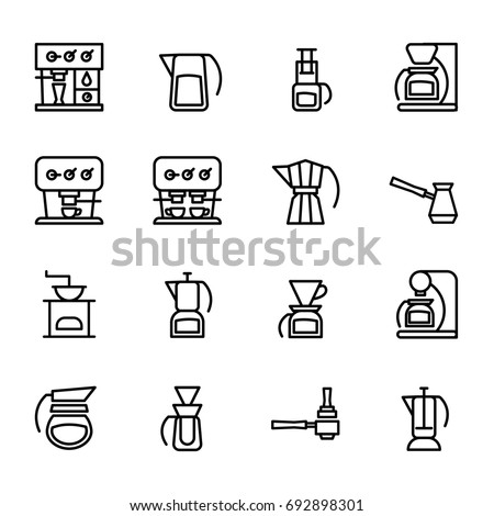 Vector icons of coffeemakers in the style of minimalism. Bold line symbols of machines for coffee for your design.