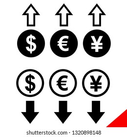 Vector icons collection: change in the exchange rate of the dollar, euro and yen. Black silhouettes of money symbols with up/down arrows.