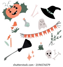 Hallowe’en vector icons collection with different seasonal elements. Set of cute hallowe’en elements.