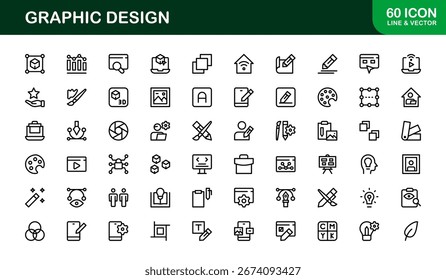 Vektorsymbol-Kollektion für Grafikdesign, einschließlich Pinsel, Paletten, Typografie und kreative Werkzeuge Perfekt