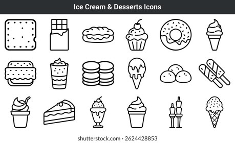 Colección de postres de helado y dulces en un estilo de contorno limpio