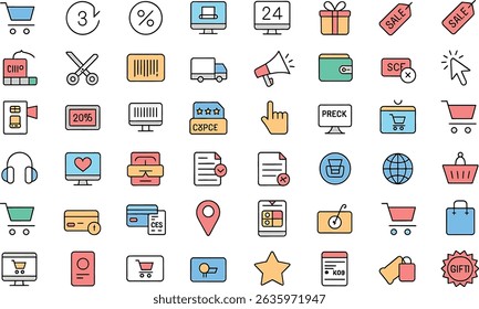Vector icons collection illustrating e-commerce shopping business technology and online transactions