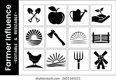 Colección De Iconos De Vector Que Representa La Agricultura Agrícola Y La Vida Rural Siluetas Negras Sobre Fondo Blanco
