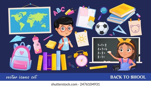Vector icons collection with school elements includes books,world map,backpack,pupils,stationery,kids drawings.