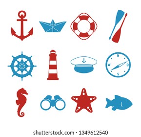 Vector icons collection set with maritime silhouettes of paper ship, skipper hat, compass, anchor, lighthouse, wheel, fish, seahorse, starfish and binoculars