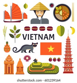 Vector icons collection of Vietnamese culture, food and nature, including Portrait of Vietnamese, soup pho, Cham towers and rice plantations and civet cat in trendy flat style.