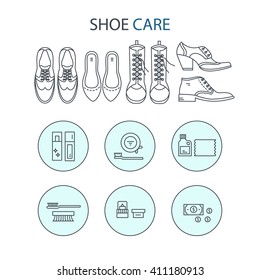 Vector Icons Collections With Different Type Of Shoes And  Shoe Care Equipment. Elements For Shoe Shine Service. Outline Icon For Shoe Care In Trendy Linear Style.