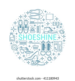 Vector Icons Collections With Different Type Of Shoes And  Shoe Care Equipment. Elements For Shoe Shine Service. Outline Icon For Shoe Care In Trendy Linear Style.