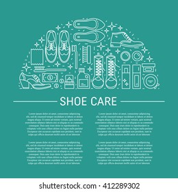 Vector icons collections with different type of shoes and  shoe care equipment. Elements for Shoe Shine service and place for text. Outline icon for shoe care in trendy linear style.