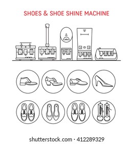 Vector Icons Collections With Different Type Of Shoes And Shoe Shine Machines. Shoe Shine Service. Outline Icon For Shoe Care In Trendy Linear Style.