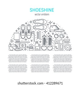 Vector Icons Collections With Different Type Of Shoes And  Shoe Care Equipment. Elements For Shoe Shine Service And Place For Text. Outline Icon For Shoe Care In Trendy Linear Style.