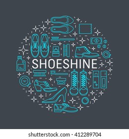 Vector Icons Collections With Different Type Of Shoes And  Shoe Care Equipment. Elements For Shoe Shine Service. Outline Icon For Shoe Care In Trendy Linear Style.