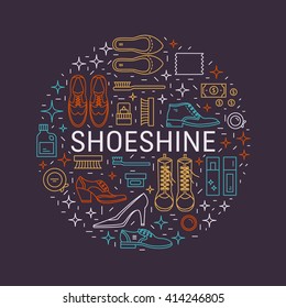 Vector Icons Collections With Different Type Of Shoes And  Shoe Care Equipment. Elements For Shoe Shine Service. Outline Icon For Shoe Care In Trendy Linear Style.