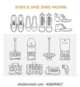 Vector icons collections with different type of shoes and shoe shine machines. Shoe Shine service. Outline icon for shoe care in trendy linear style.