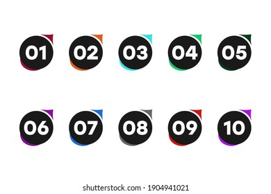 Vector Icons, Colored Numbers. Bullet Points Numbers One To Ten. Label Shape Vector Numbers.