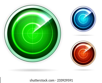 Vector icons for colored radar. Blank monitoring radars with green, pink and orange screen. Set of vector icons isolated on white background.