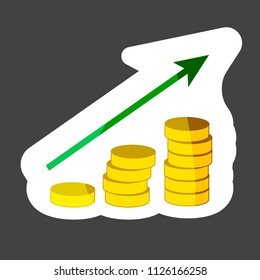Vector icons colored sticker  pile of coins and an arrow showing money growth. Layers grouped for easy editing illustration. For your design.