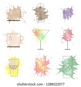 Vector icons with colorful drinks splashes