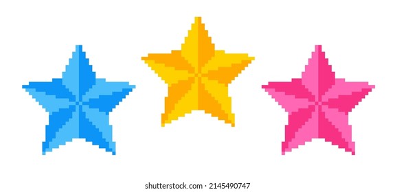 Vector Icons Of Colorful Stars In Pixel Art Style. Vector Emblem Of Pixel Stars For Game Rating.