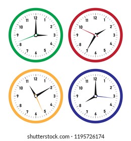 Vector icons of colour clocks, time, green red blue and yellow clocks