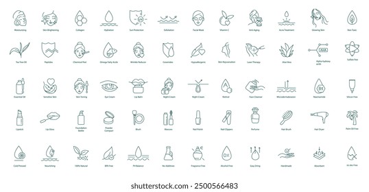 Vector Icons for Comprehensive Beauty Care: Skin Treatments, Makeup, Hair Care, and Natural Ingredients