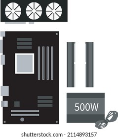 vector icons of computer component, video card, motherboard, RAM, power supply.